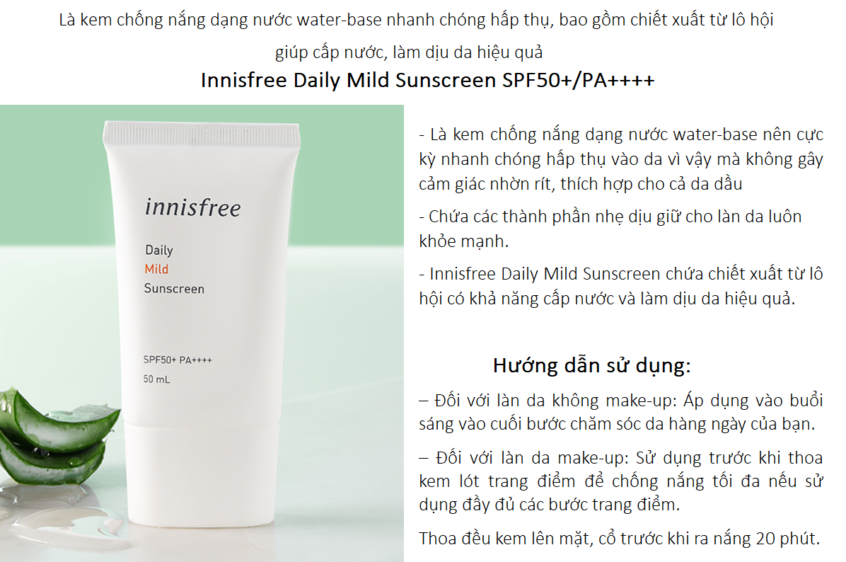 Kem chống nắng innisfree Daily Mild Sunscreen SPF50+ PA++++