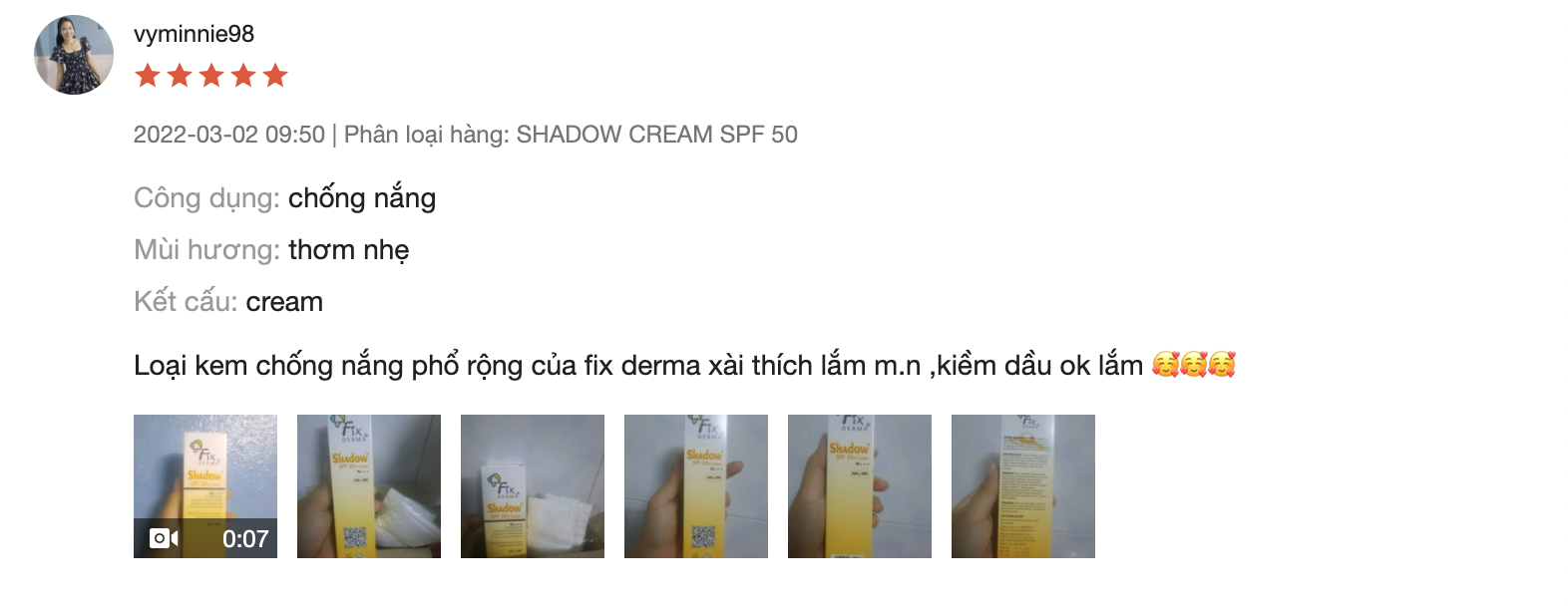 feedback của khác hàng về Kem chống nắng Fixderma Shadow